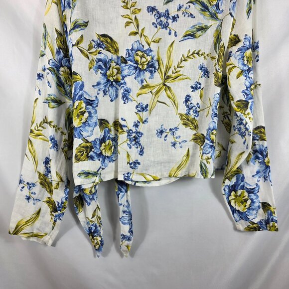 Joie Long Sleeve Linen Wrap Blouse Women's Size Large Ivory, Blue, Yellow Floral - Picture 12 of 12